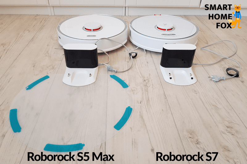 Both the Roborock S7 and Roborock S5 Max’s charging docks are on the floor next to each other